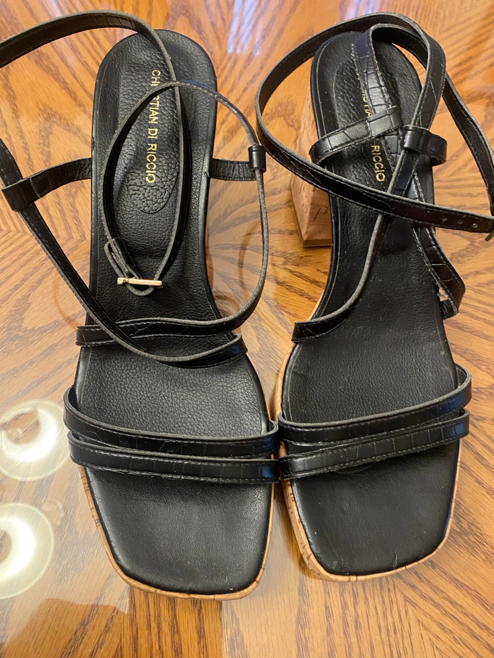 Black Strappy Square-Toe Sandals with Ankle Wrap